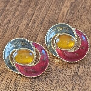Vintage M JENT Enamel Earrings Red Black Gold Amber Cabochon 1980s Statement